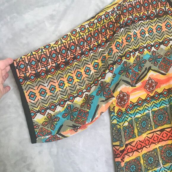 Ali Miles Top Womens 1X Orange Blue Geometric Print Semi Sheer V Neck Front Tie - Picture 3 of 10